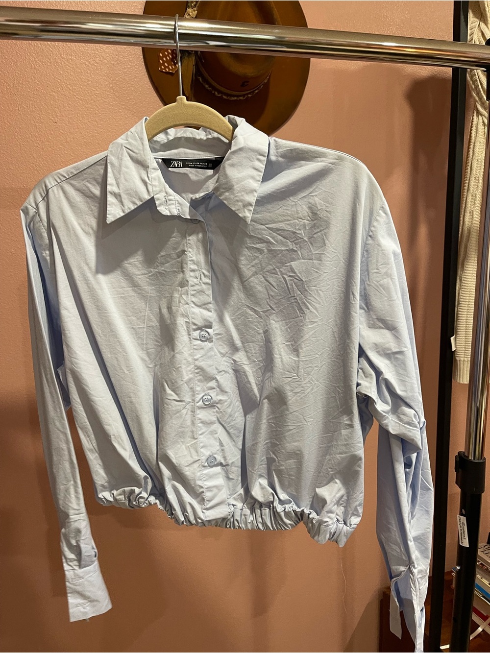 Zara Pale Blue Cropped Button-Up Dress Shirt